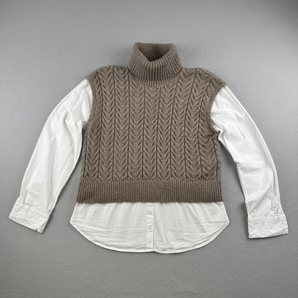 Sincerely Jules Mixed Media Layered Cableā Knit Turtleneck Sweater Brown Large